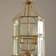 French Vintage 2 Light Hexagonal Gold Metal & Beveled Glass Hanging Light