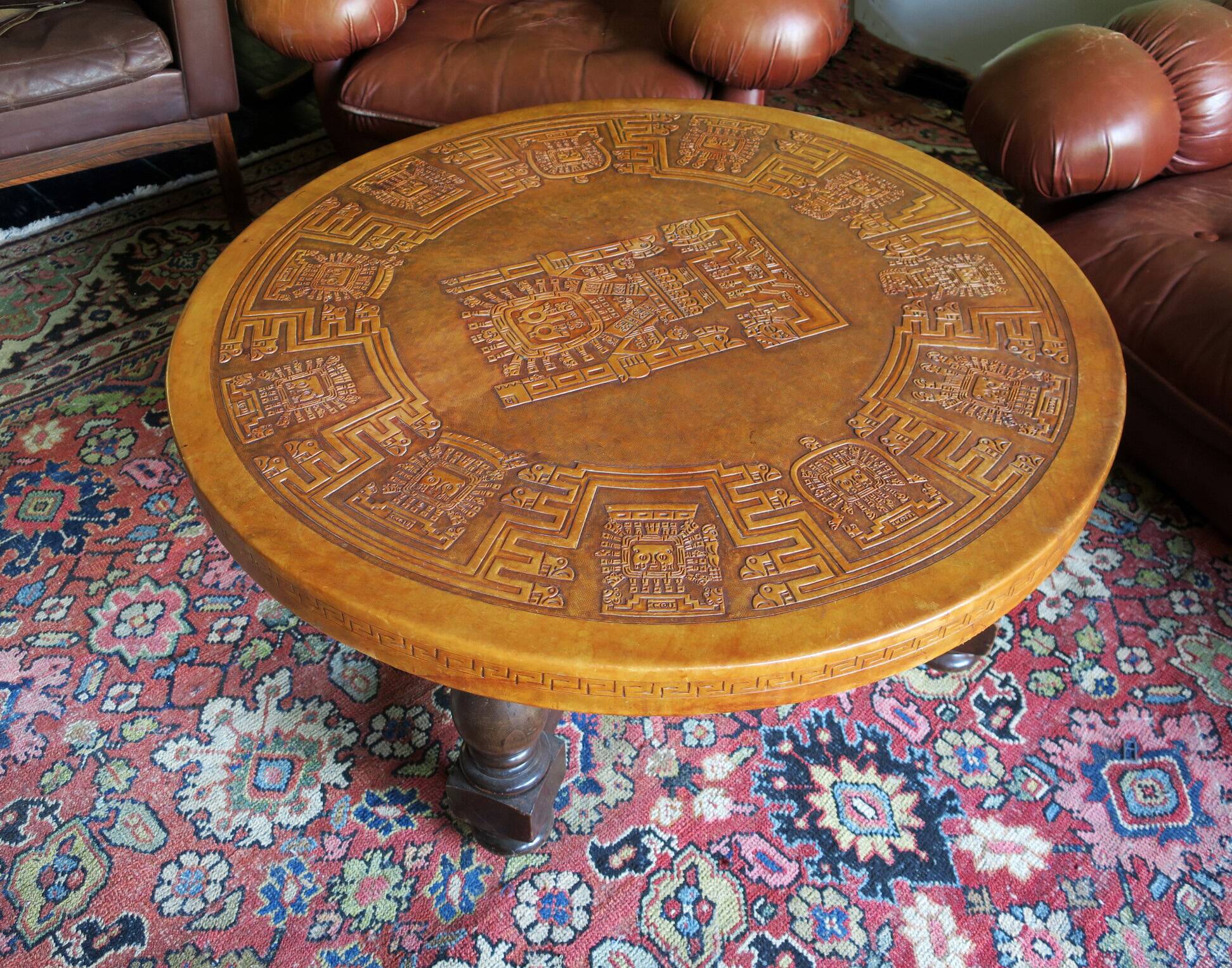 Inca design  leather top coffee table, Angel Pazmino, Ecuador 1970s