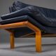 Danish teak and navy blue leather 2-seater sofa from Komfort, 1970s