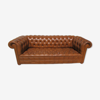 Sofa Chesterfield 3 seats patinated fawn leather