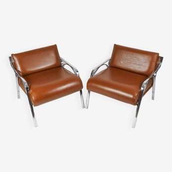 Paire de fauteuils en metal et cuir années 60