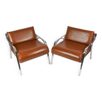 Pair of metal and leather armchairs from the 60s