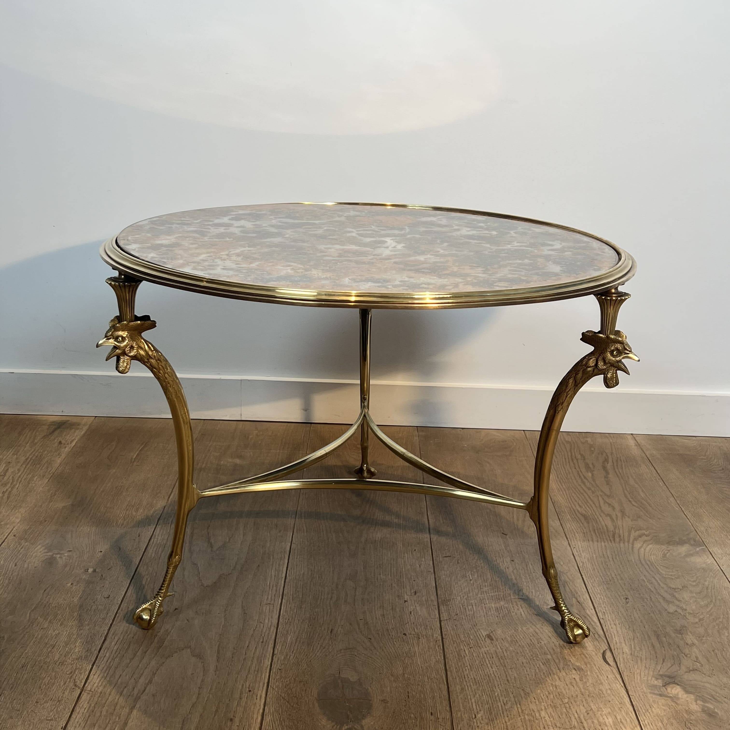 Tripod Circular Coffee Table "Aux Coqs" in Bronze and Églomisé Mirror, May