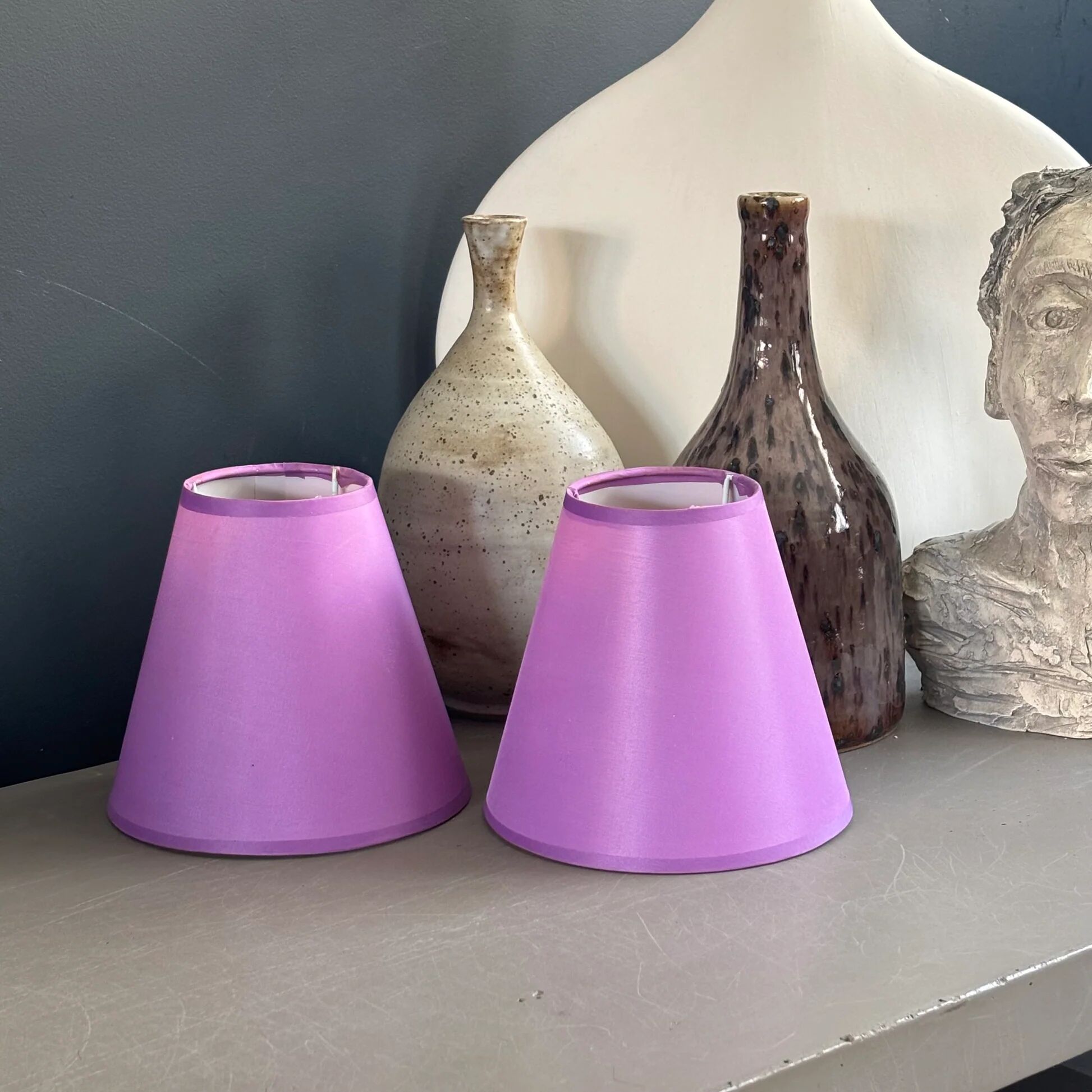 Pair of lilac satin lampshades