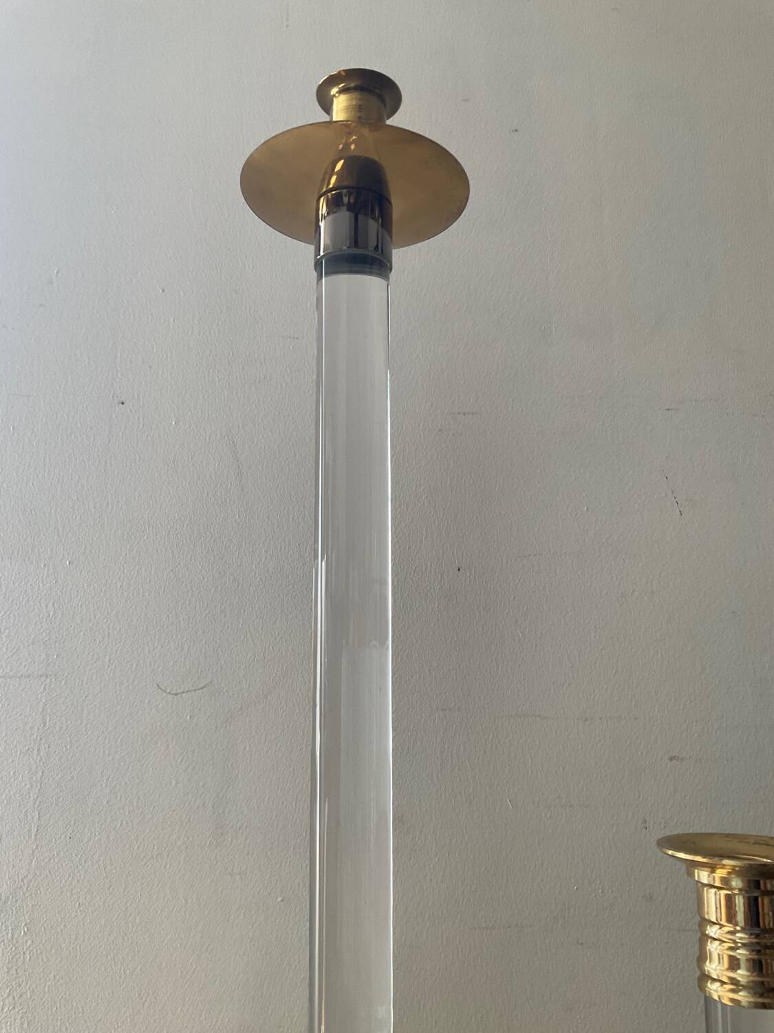 Duo of vintage brass and lucite candlesticks