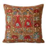 Silk Embroidered Brown Cushion Cover. Suzani Textile Pillowcase. Traditional Folk Accent Pillow