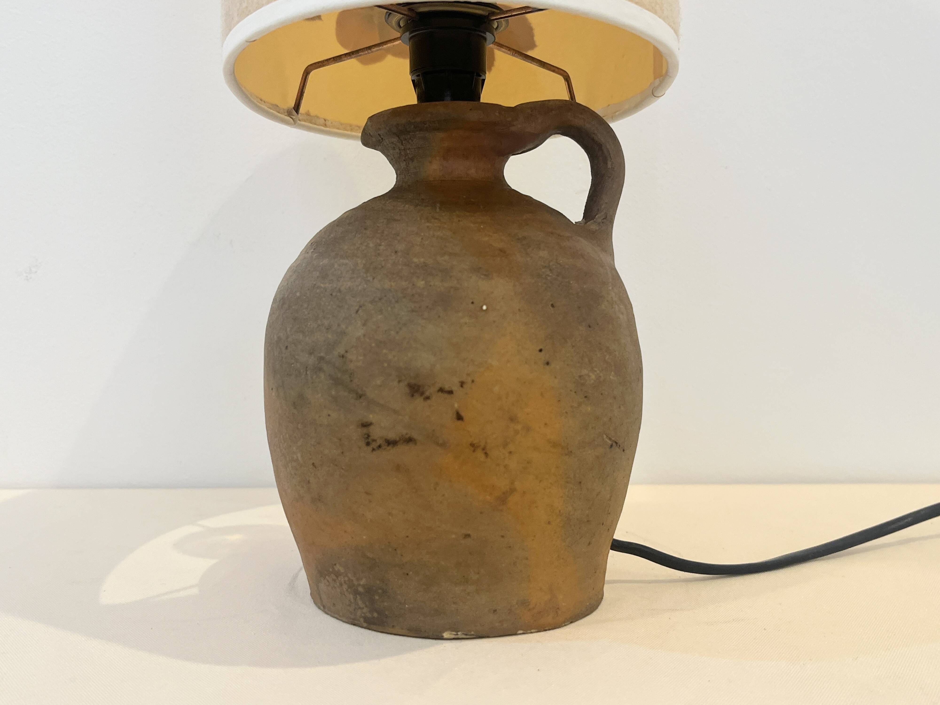 Vintage brutalist stoneware ceramic lamp base with dried flower shade
