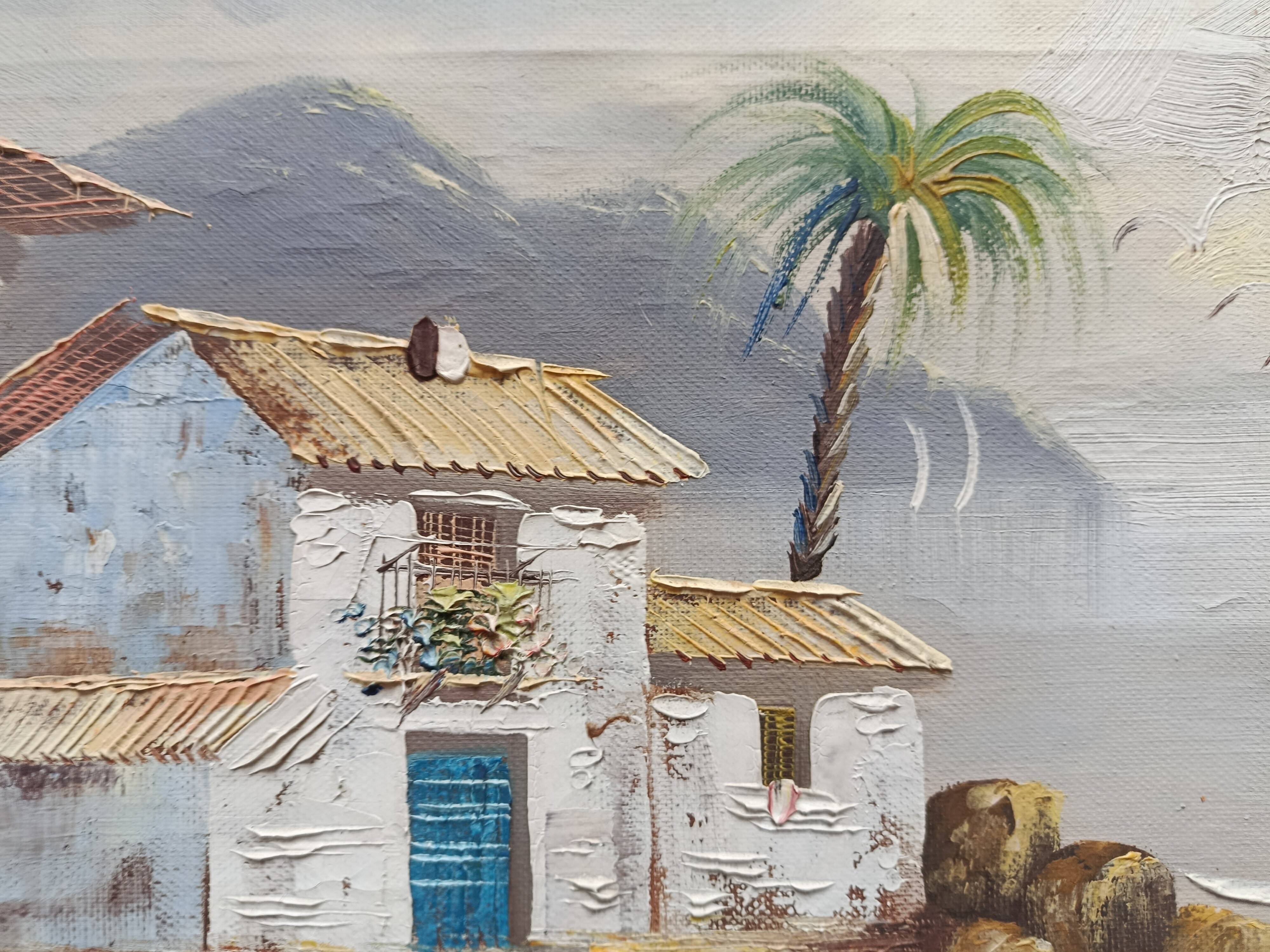 Hst 20th century signed solana: fishermen's houses, palm tree, tenerife, canary islands, spain