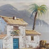 Hst 20th century signed solana: fishermen's houses, palm tree, tenerife, canary islands, spain