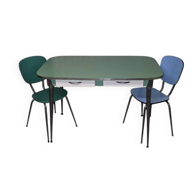 Ensemble Table à tiroirs & 2 Chaises Formica – Circa1950