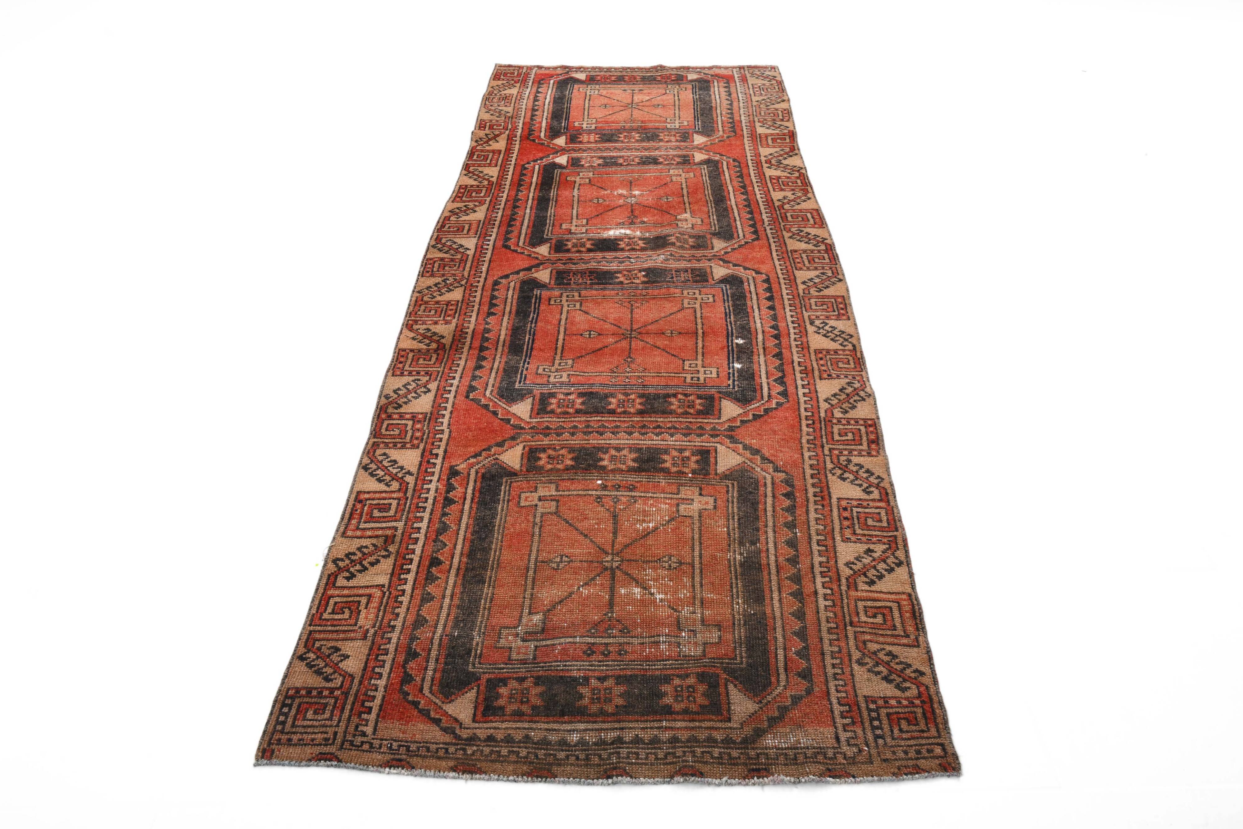 Tapis persan vintage rouge et noir 3x9, 103x287 cm
