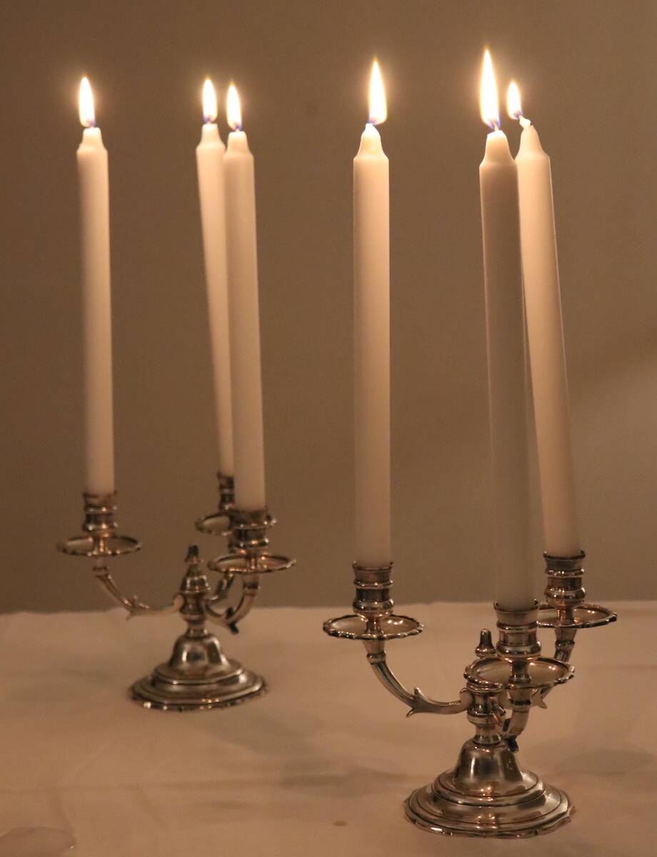 Pair of triangular 3-light candlesticks