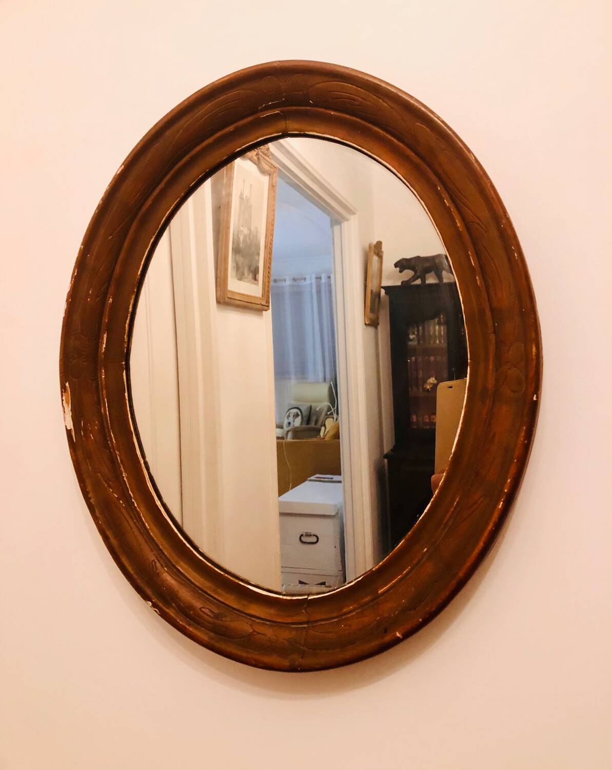 Old art deco oval wooden mirror