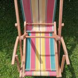 Vintage children's deckchair, sun lounger, striped canvas, 1960-1970.