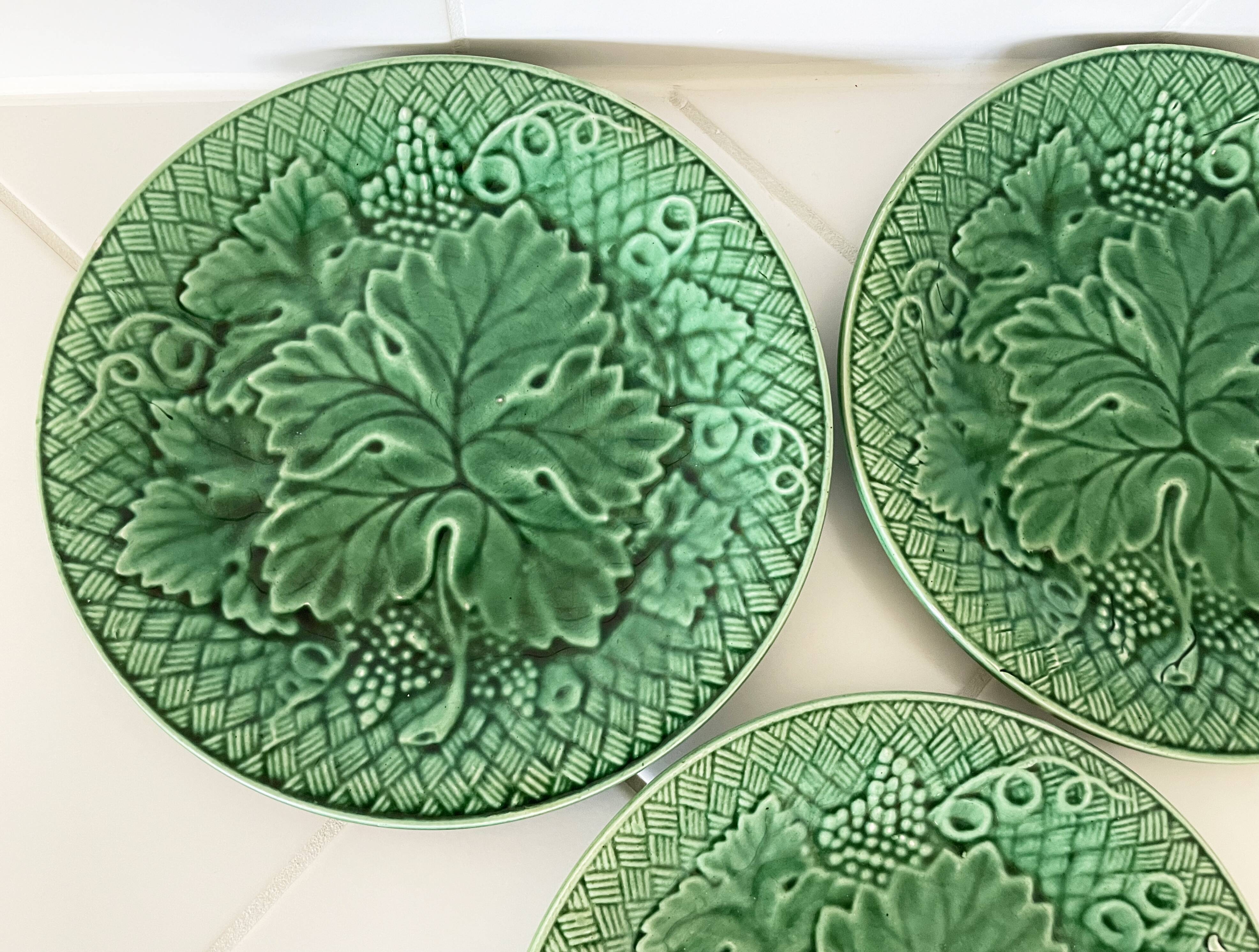 Set of Three 19th Century Salins Dessert Plates with Green Vine Leaf Motif