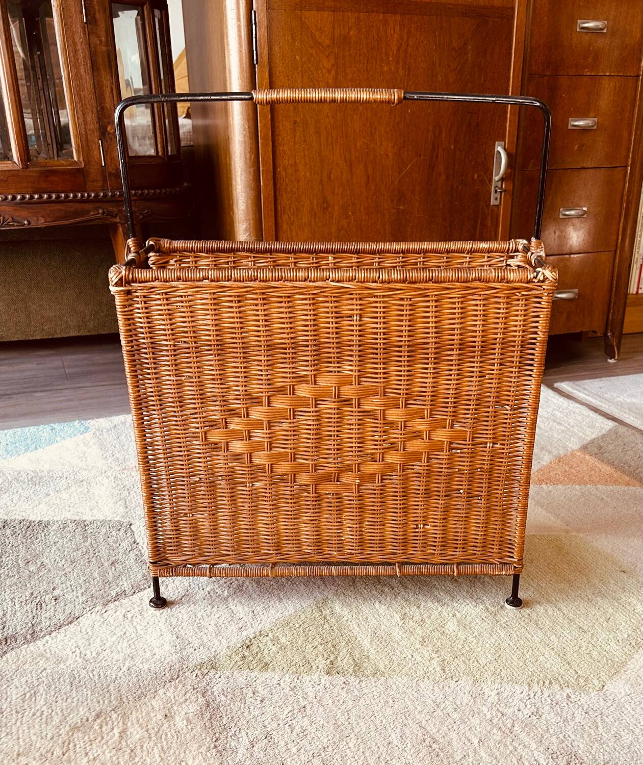 Very rare debut 20th century rattan caning and wrought iron legs.