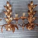 Pair of vintage golden sheet metal wall lights with leaf decoration