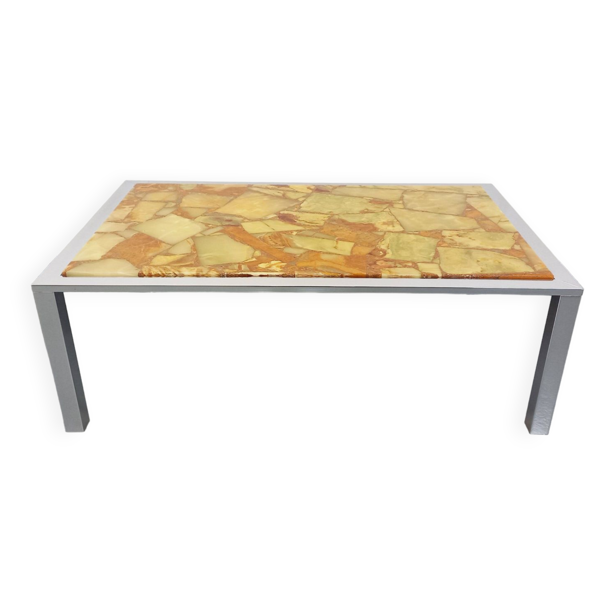 Large vintage coffee table in chrome metal, yellow onyx stone and resin from the 70s