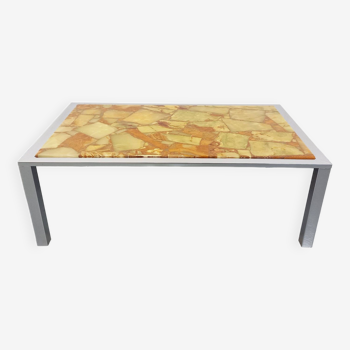 Large vintage coffee table in chrome metal, yellow onyx stone and resin from the 70s