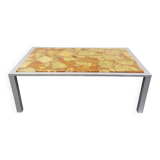 Large vintage coffee table in chrome metal, yellow onyx stone and resin from the 70s