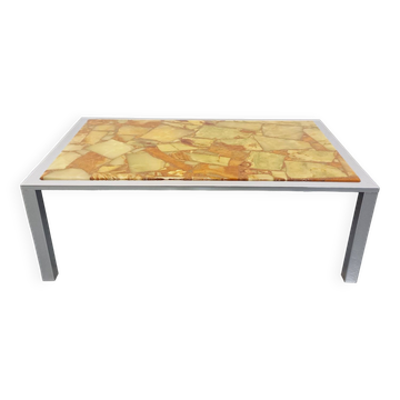 Grande table basse vintage en métal chromé, pierre type onyx jaune et résine des années 70