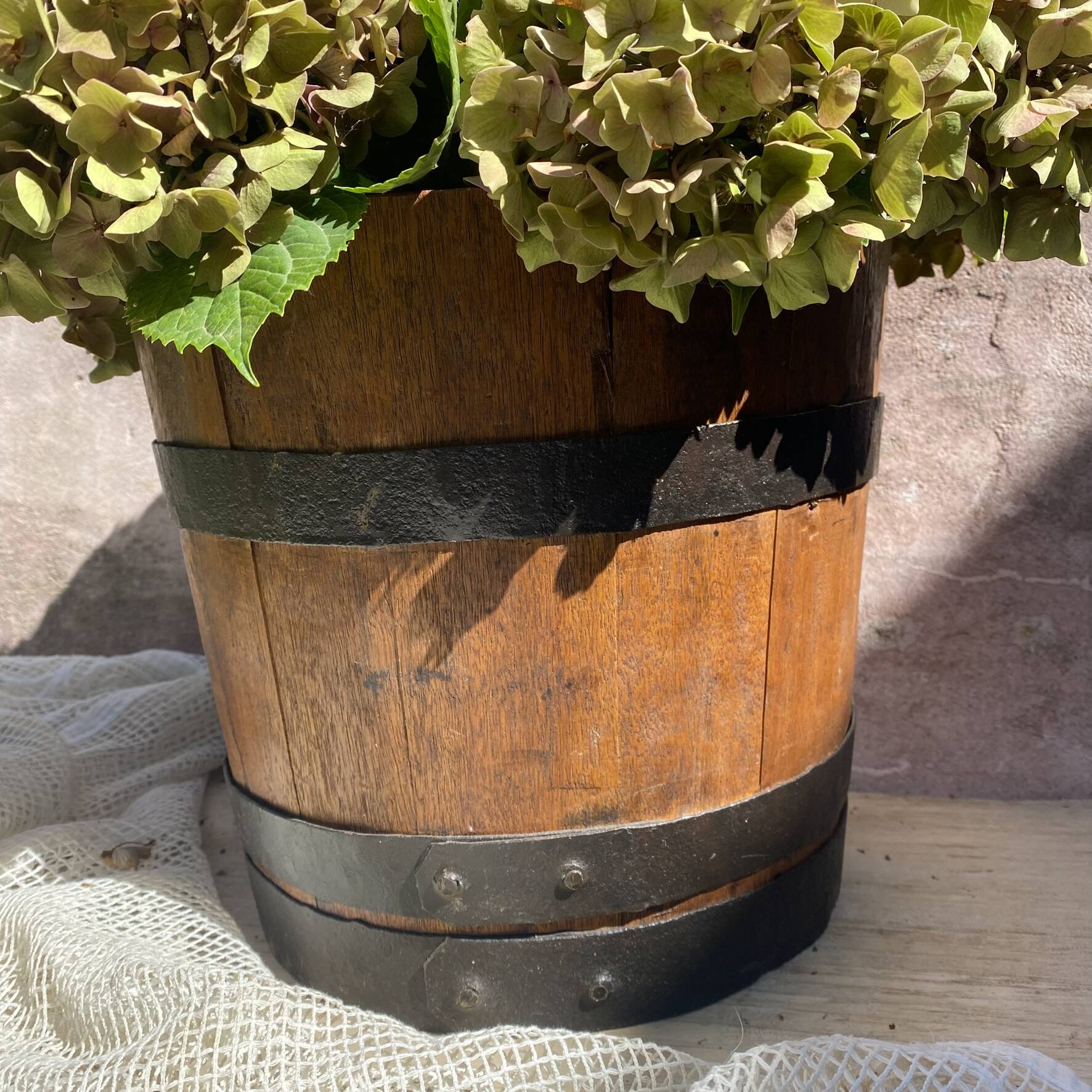 Wood and metal barrel planter
