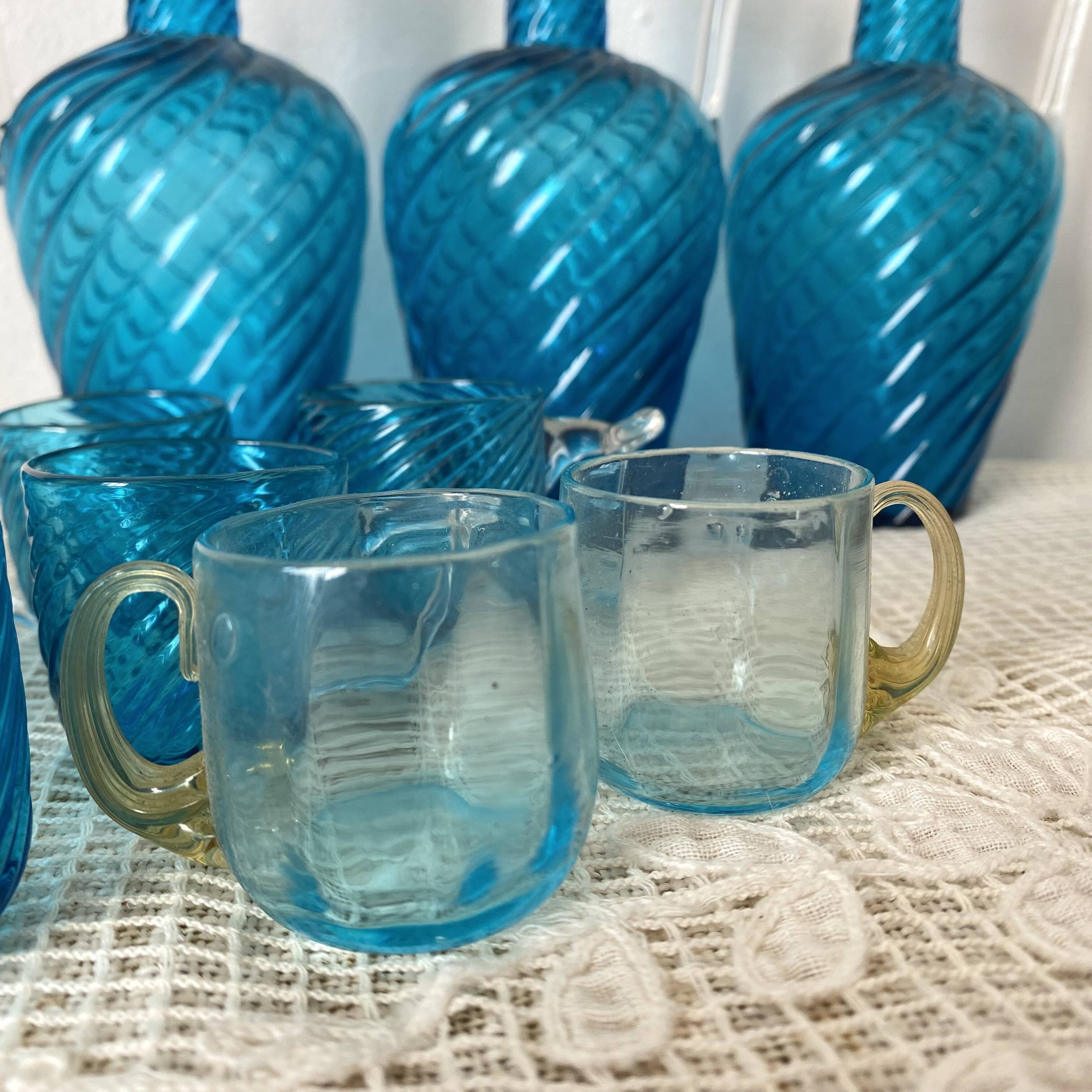 Antique Legras liquor cabinet, decanters and glasses, lion's paw stand