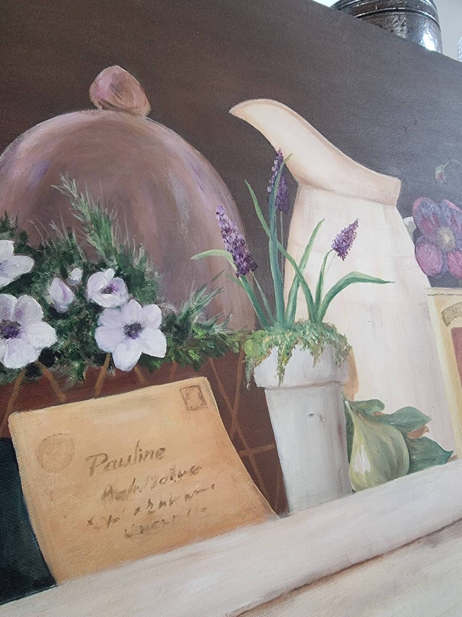 Oil painting on canvas flower and pot 100 x 50 cm
