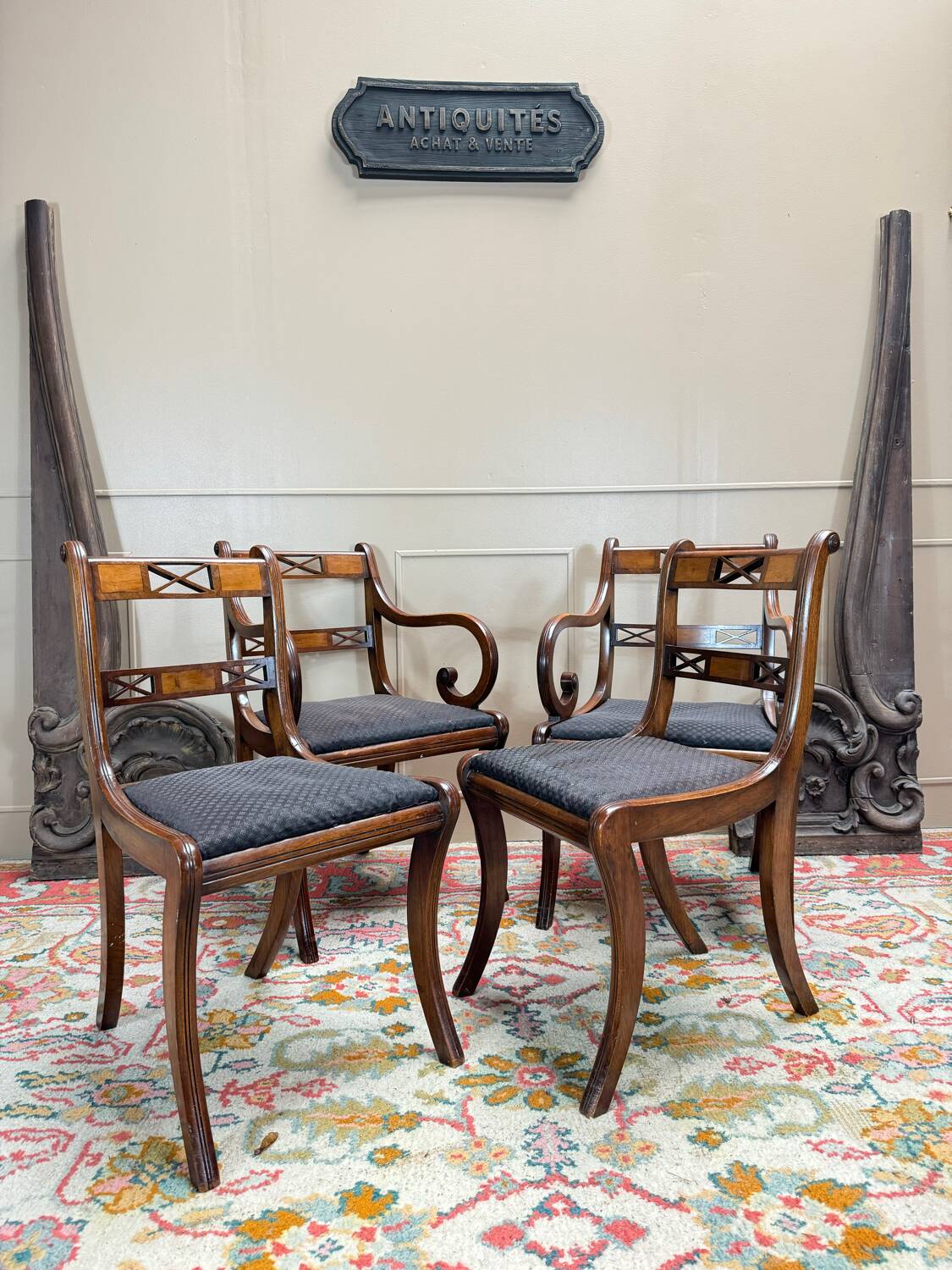 Pair of Armchairs and Pair of Chairs in Mahogany, 20th Century