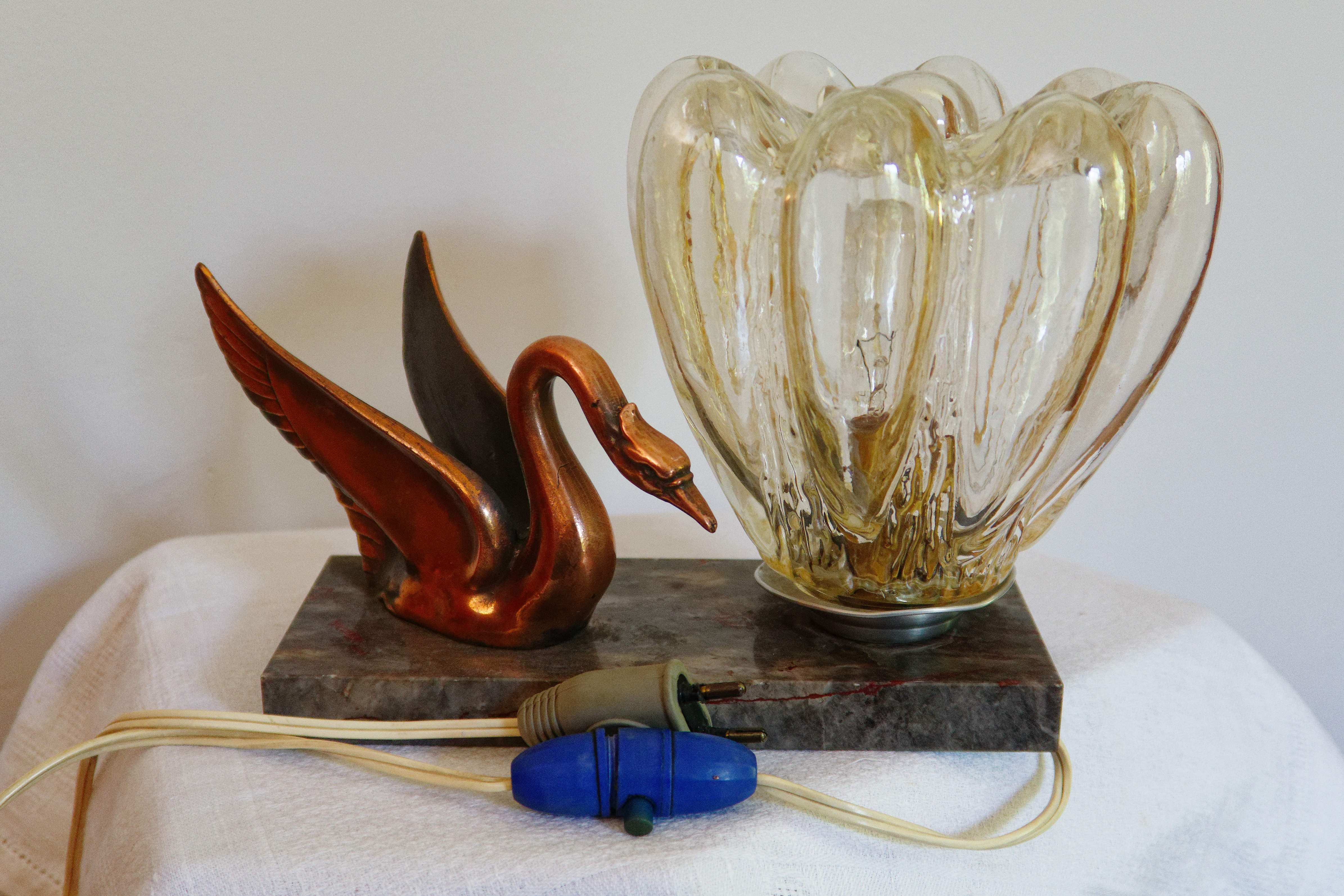 bedside lamp art deco marble, swan glass in regulated
