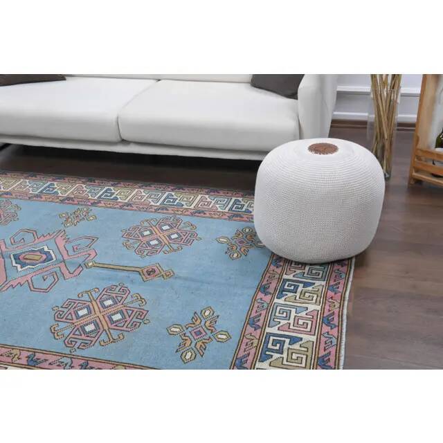 Vintage Turkish hand-knotted wool cotton blue area rug 170x259