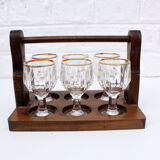 Vintage 6 liquor glasses and wood carrying tray