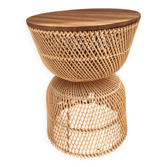 Nomadic rattan table with walnut wood top