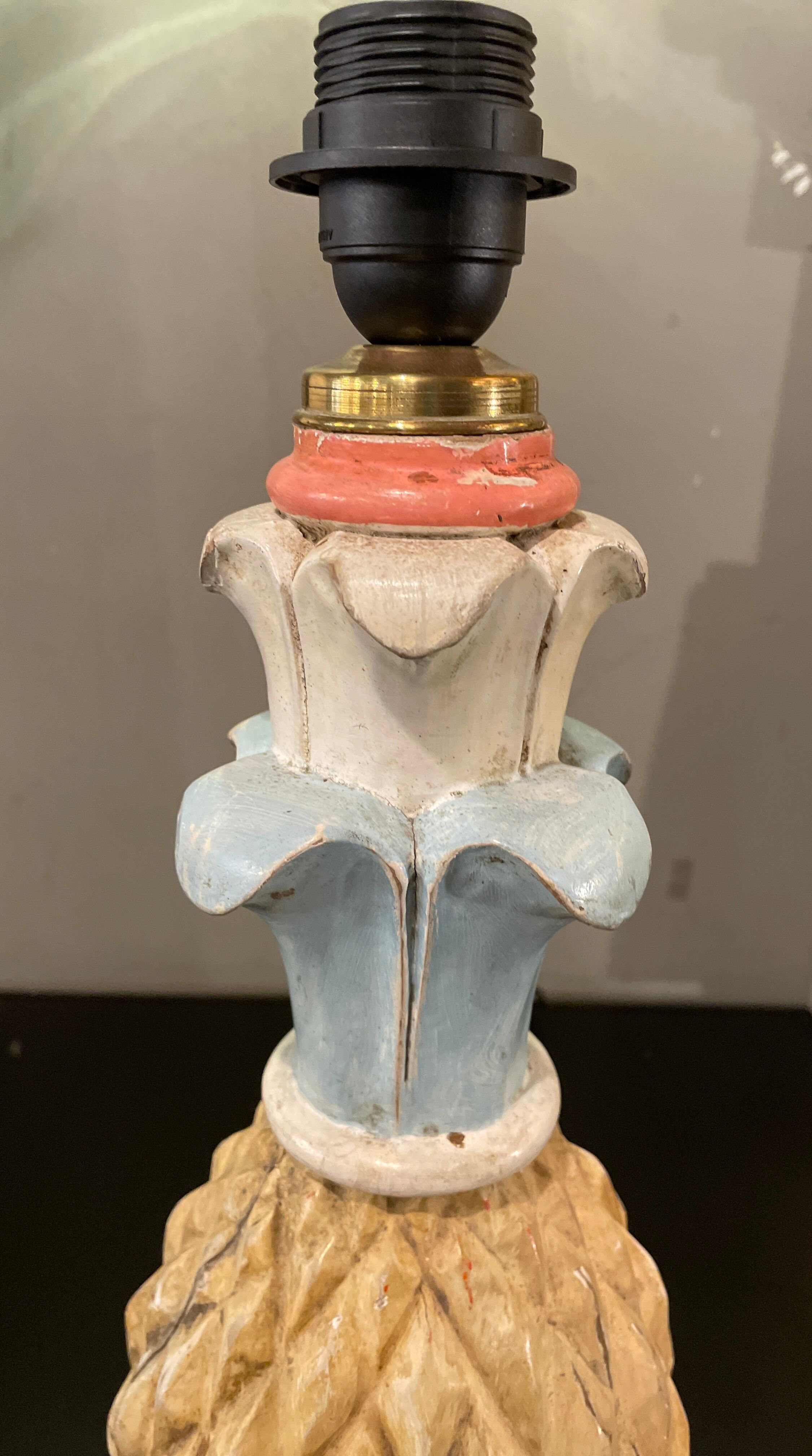 Pineapple lamp, hand-painted wood, 50s