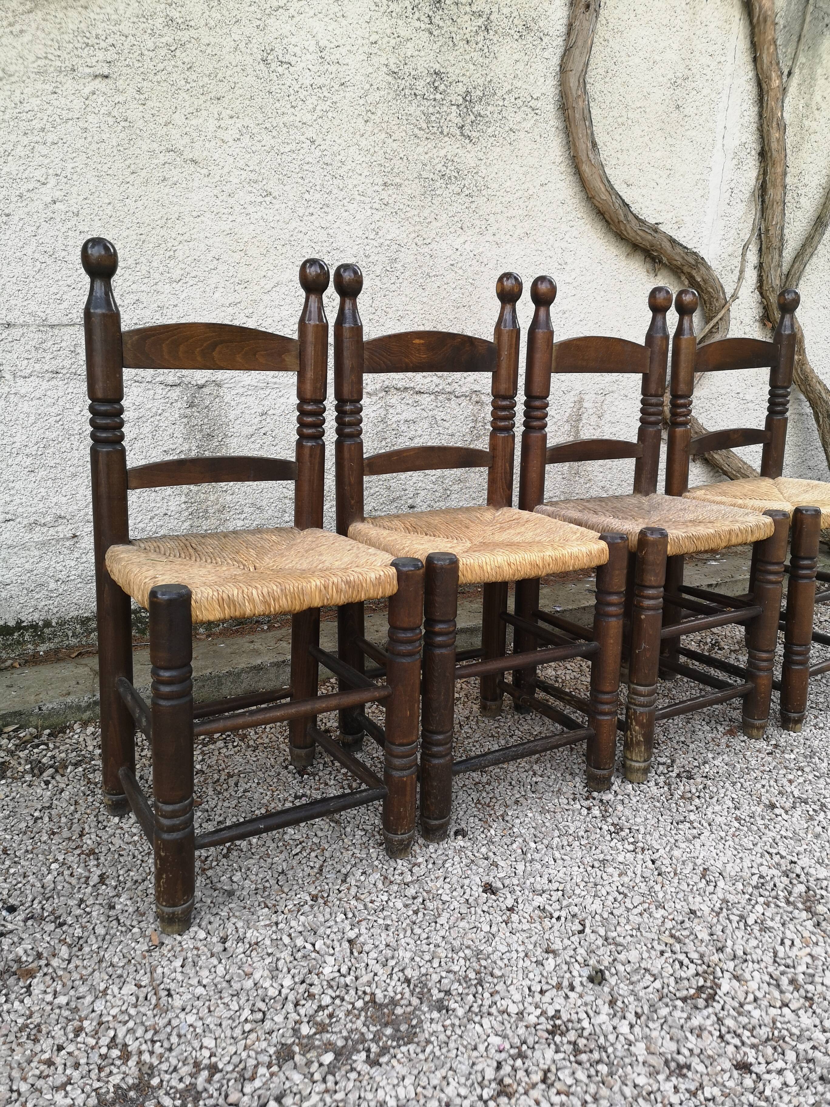 Set of 4 chairs in solid oak and straw