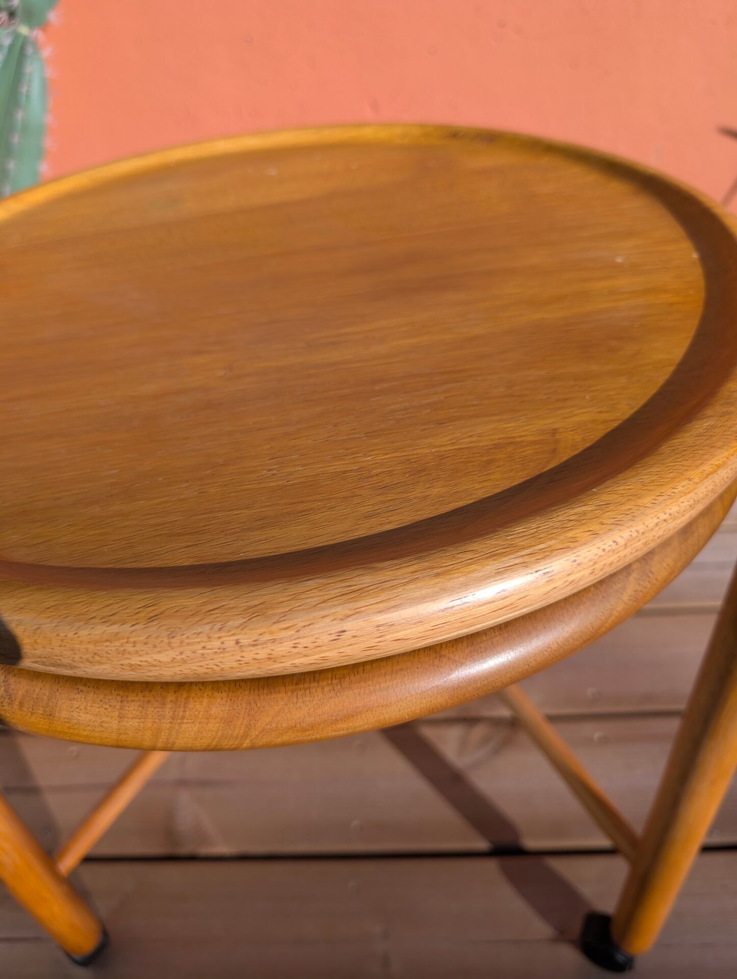 Side table with 2 trays on wheels, foldable, light wood (beech)