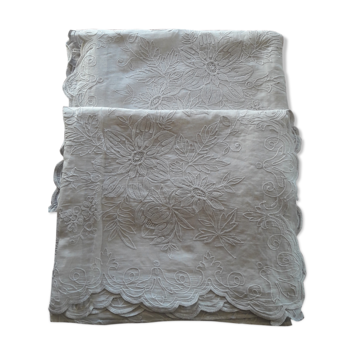 Pair of old curtains embroidered in cotton thread