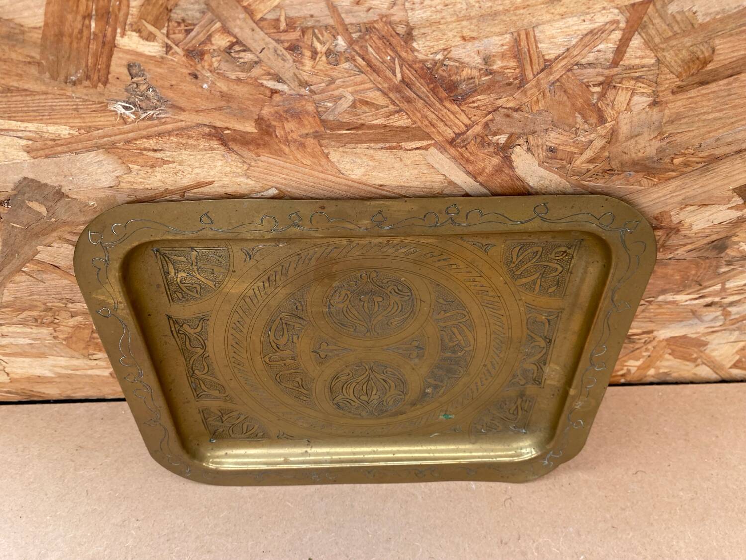 Antique Oriental Serving Tray Brass Chiseled Decor Vintage Kitchen