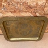 Antique Oriental Serving Tray Brass Chiseled Decor Vintage Kitchen