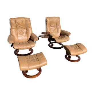 Pair of armchairs and ottoman brown leather stressless erkones