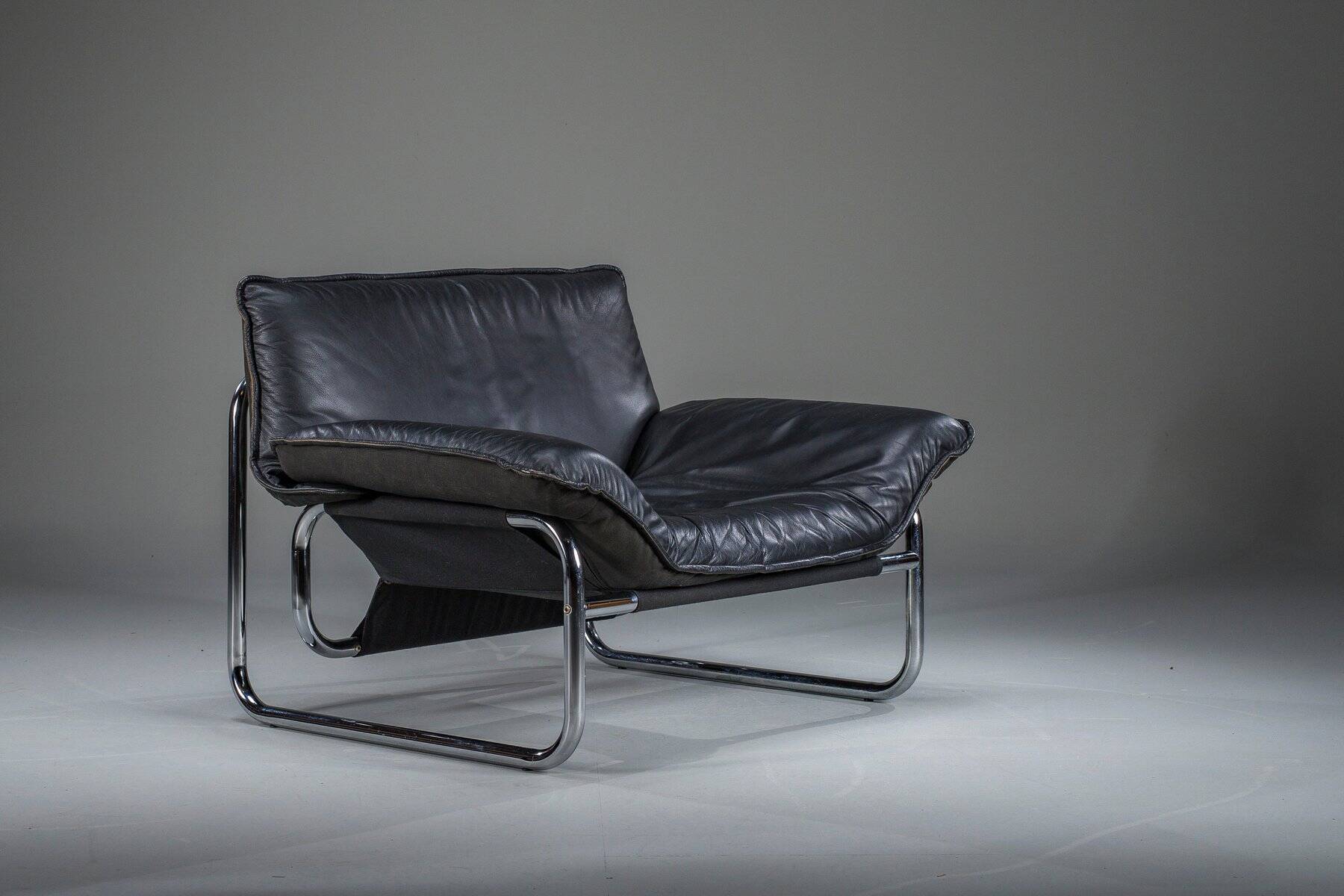 Bauhaus lounge chair in black leather attributed to Johan Bertil Häggström for Swed-Form / Ikea, Sweden, 1970s