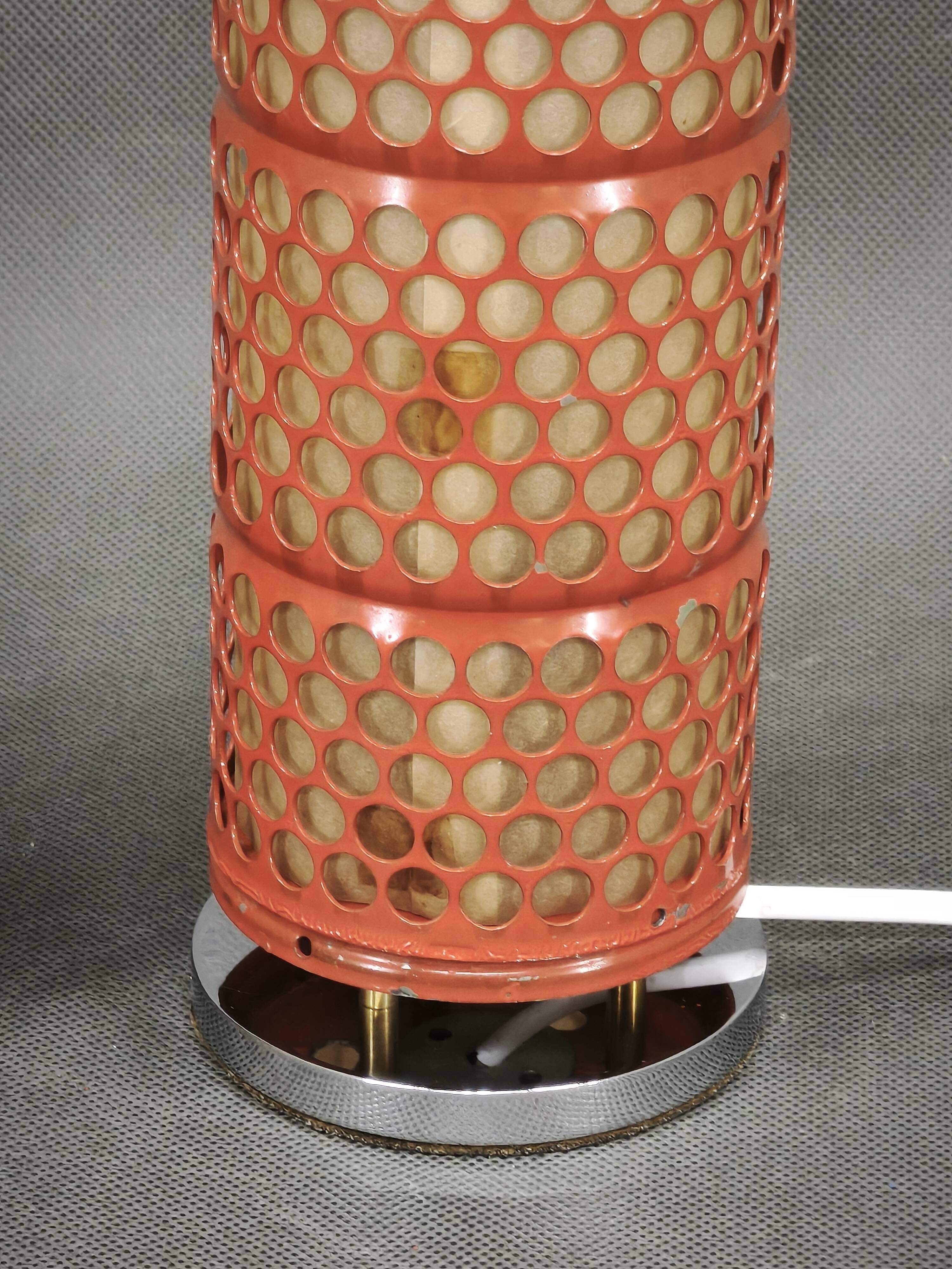 Pair of Red Perforated Metal Space Age Table Lamps, Czechoslovakia, 1970s