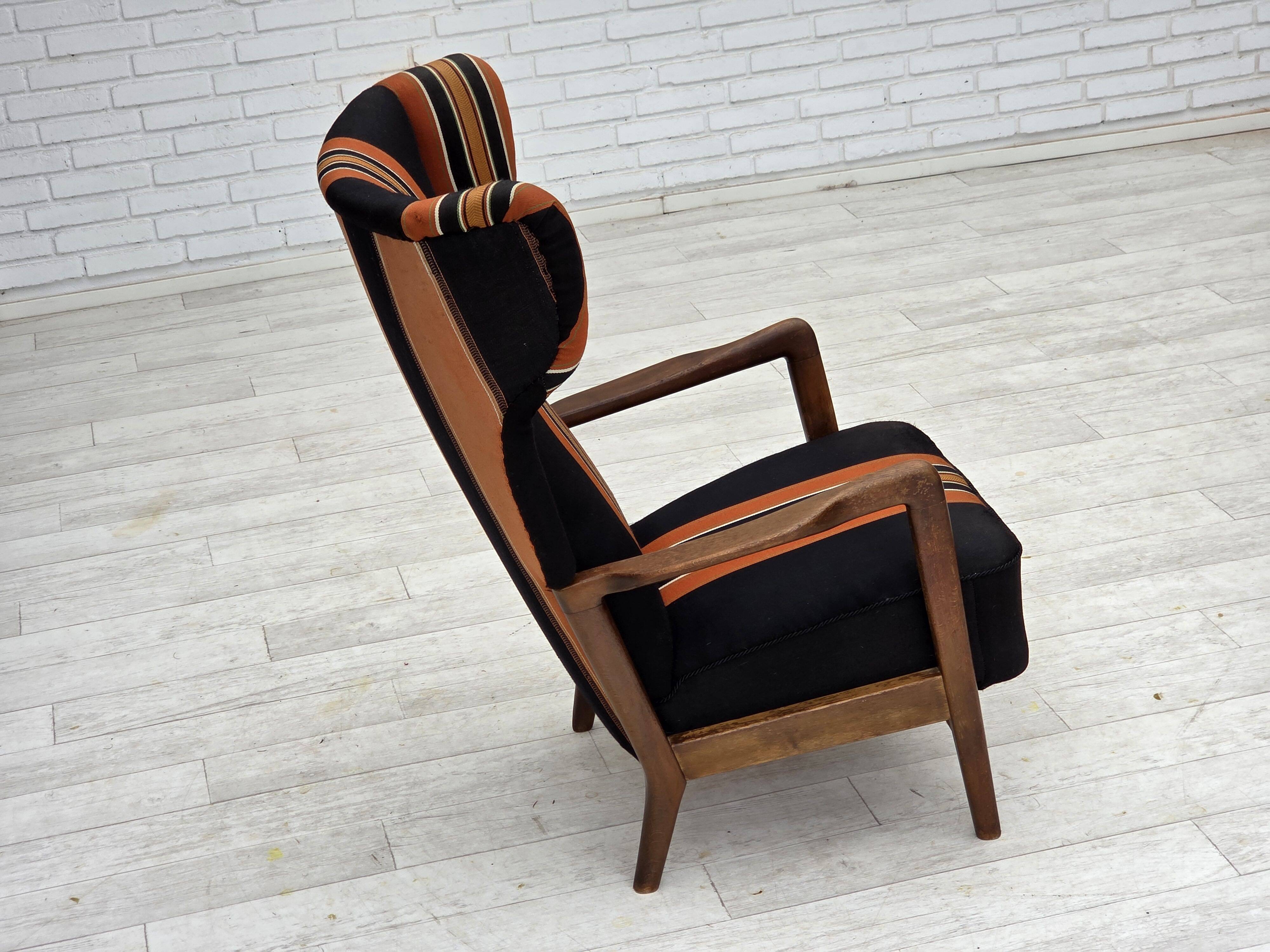 1960s, Danish highback armchair by Fritz Hansen, furniture wool, beech wood