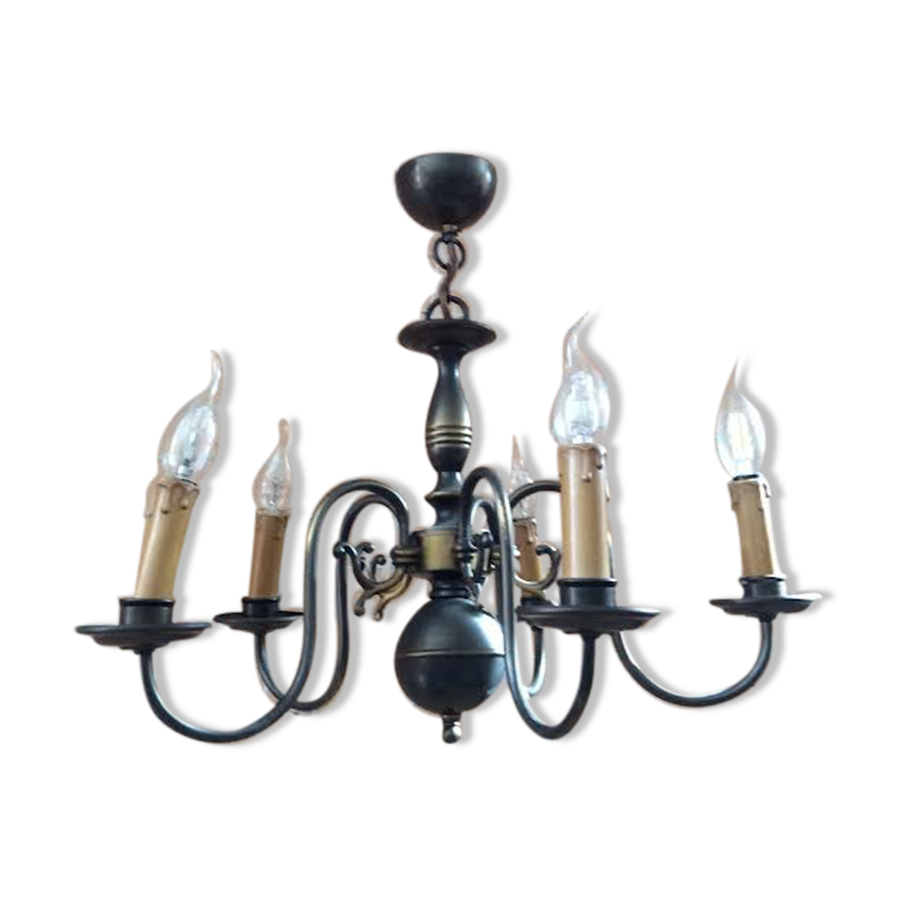 Lustre 5 branches en laiton et verres tulipes, style art déco / moderniste, vintage début 60s