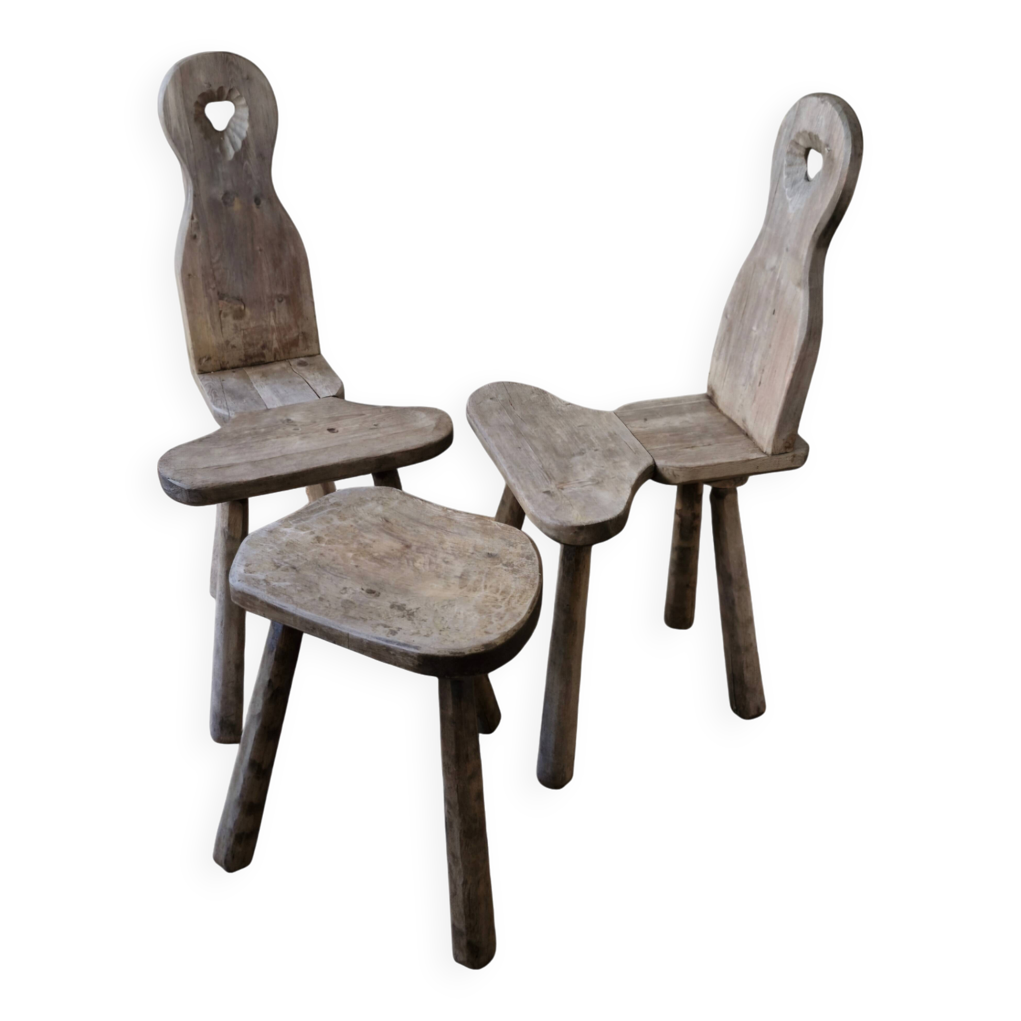 Duo of brutalist wooden chairs and a stool 1960