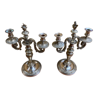 Paire de chandeliers bronze argenté