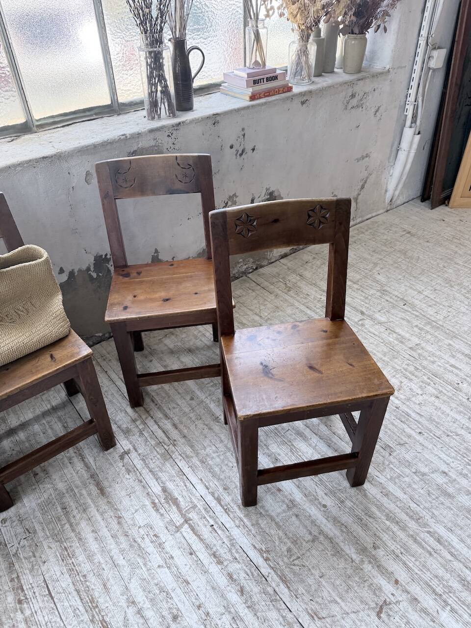 Set of 4 Savoyard pine folk art chairs from the 1950s.