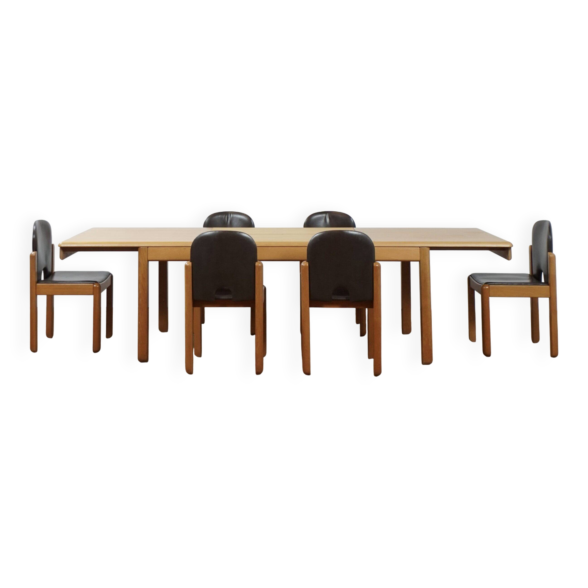 Adjustable dining set in oak and leather chairs by Van Den Berghe Pauvers