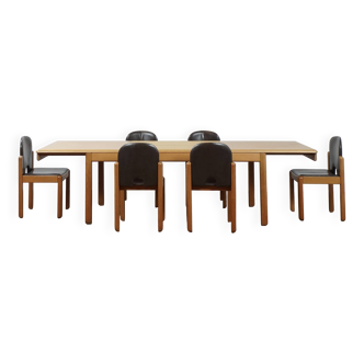 Adjustable dining set in oak and leather chairs by Van Den Berghe Pauvers