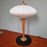 Large Scandinavian table lamp in white opaline glass and teak